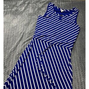 Talbots Women Maxi Dress Royal Blue White‎ Stripe Sleeveless  Sz M Petite Belted